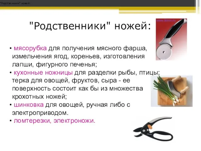 "Родственники" ножей: "Родственники" ножей: мясорубка для получения мясного фарша, измельчения ягод, кореньев,