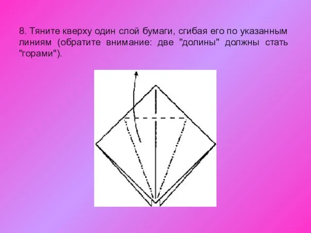 8. Тяните кверху один слой бумаги, сгибая его по указанным линиям (обратите