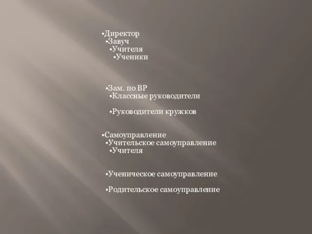 Директор Завуч Учителя Ученики Зам. по ВР Классные руководители Руководители кружков Самоуправление