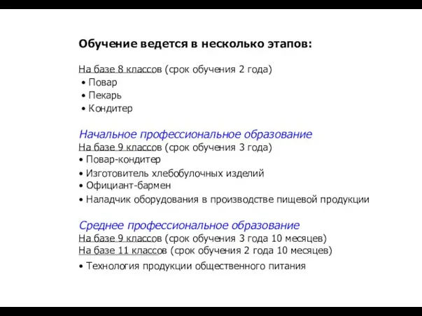 Обучение ведется в несколько этапов: На базе 8 классов (срок обучения 2