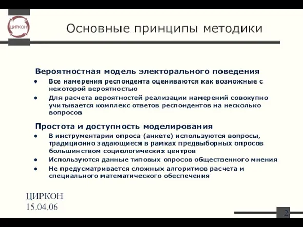 ЦИРКОН 15.04.06 Основные принципы методики Вероятностная модель электорального поведения Все намерения респондента