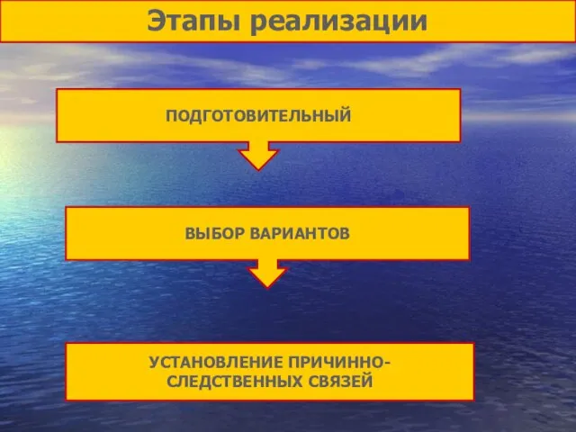 Этапы реализации ПОДГОТОВИТЕЛЬНЫЙ ВЫБОР ВАРИАНТОВ УСТАНОВЛЕНИЕ ПРИЧИННО- СЛЕДСТВЕННЫХ СВЯЗЕЙ