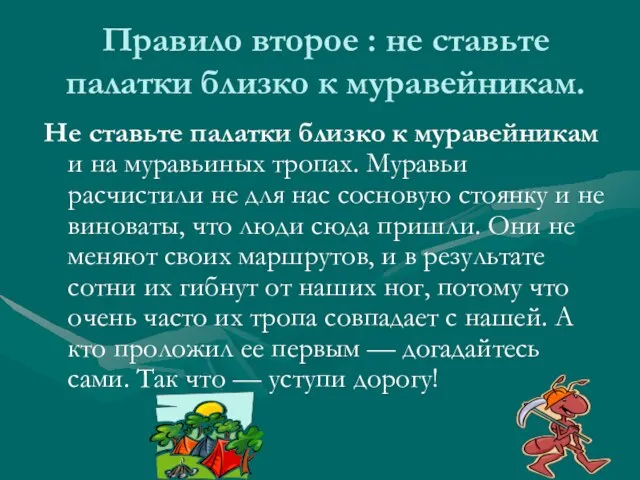 Правило второе : не ставьте палатки близко к муравейникам. Не ставьте палатки