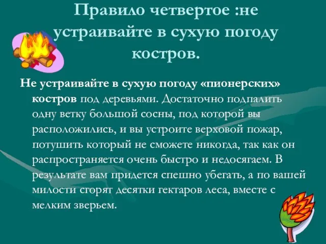 Правило четвертое :не устраивайте в сухую погоду костров. Не устраивайте в сухую