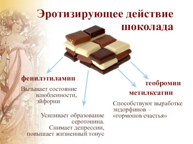 Эротизирующее действие шоколада фенилэтиламин теобромин метилксатин Способствуют выработке эндорфинов – «гормонов счастья»