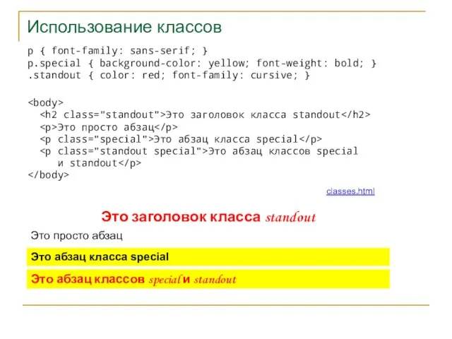 Использование классов p { font-family: sans-serif; } p.special { background-color: yellow; font-weight: