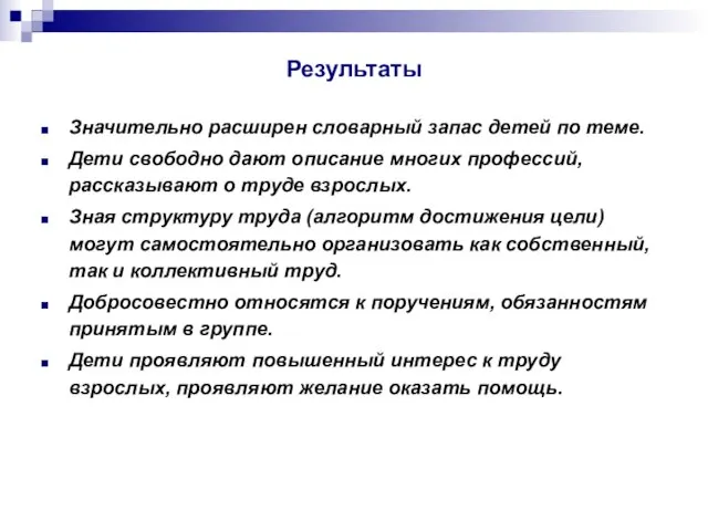 Значительно расширен словарный запас детей по теме. Дети свободно дают описание многих