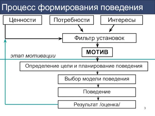 Процесс формирования поведения МОТИВ Ценности этап мотивации Результат /оценка/