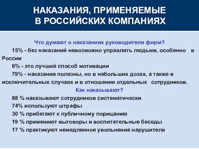 НАКАЗАНИЯ, ПРИМЕНЯЕМЫЕ В РОССИЙСКИХ КОМПАНИЯХ Что думают о наказаниях руководители фирм? 15%