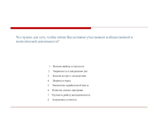 Что нужно для того, чтобы лично Вы активнее участвовали в общественной и политической деятельности?