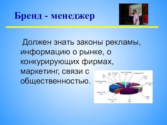 Должен знать законы рекламы, информацию о рынке, о конкурирующих фирмах, маркетинг, связи