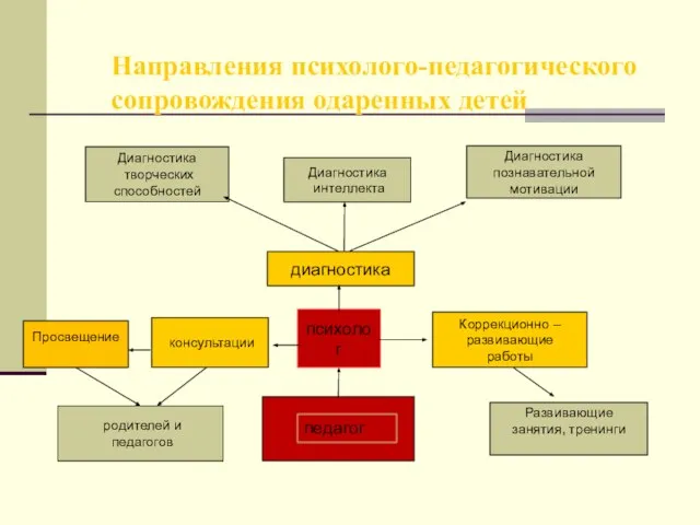 Направления психолого-педагогического сопровождения одаренных детей психолог диагностика Диагностика познавательной мотивации Диагностика интеллекта