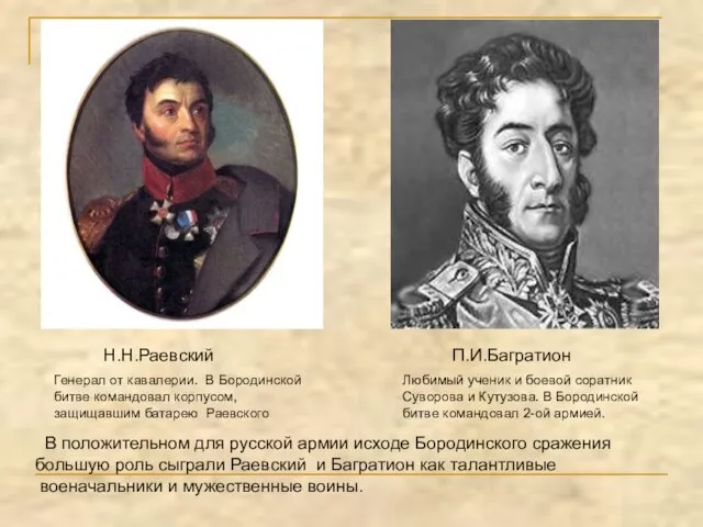 Н.Н.Раевский П.И.Багратион Генерал от кавалерии. В Бородинской битве командовал корпусом, защищавшим батарею