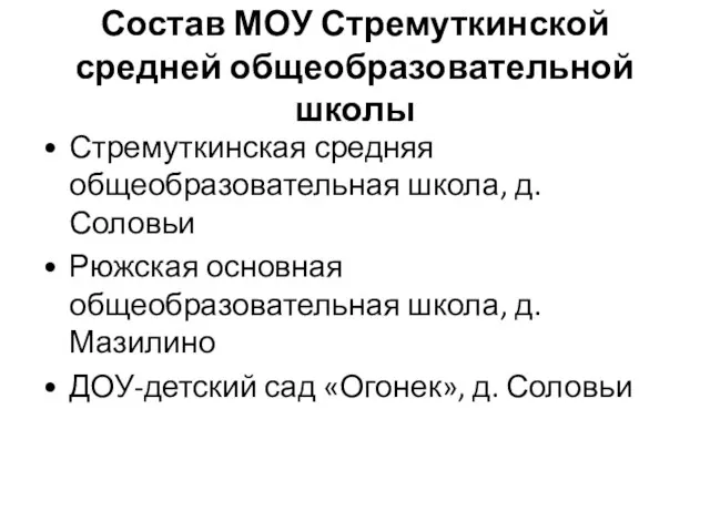 Состав МОУ Стремуткинской средней общеобразовательной школы Стремуткинская средняя общеобразовательная школа, д. Соловьи