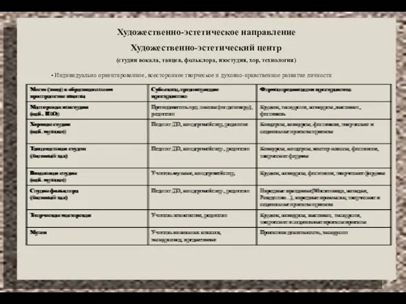 Художественно-эстетическое направление Художественно-эстетический центр (студии вокала, танцев, фольклора, изостудия, хор, технология) Индивидуально