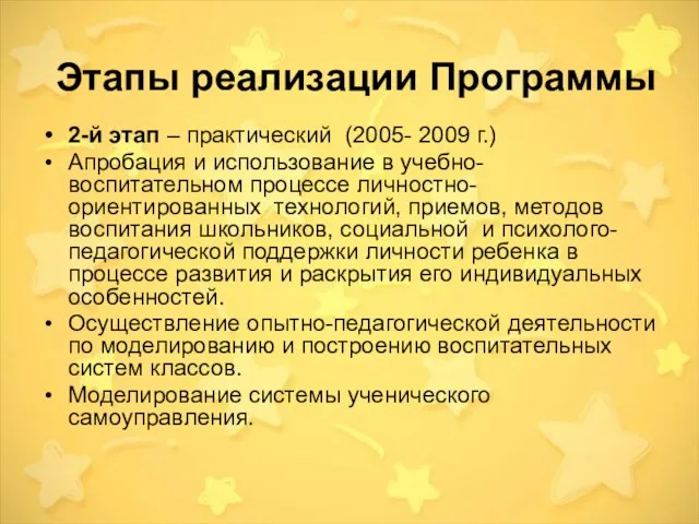 Этапы реализации Программы 2-й этап – практический (2005- 2009 г.) Апробация и