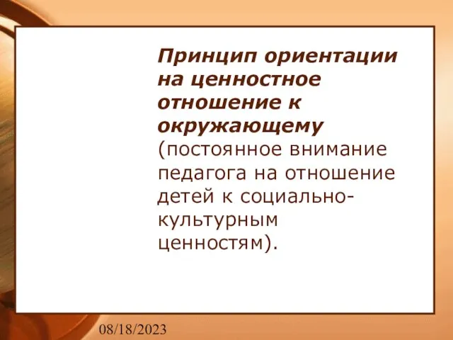 08/18/2023 Принцип ориентации на ценностное отношение к окружающему (постоянное внимание педагога на