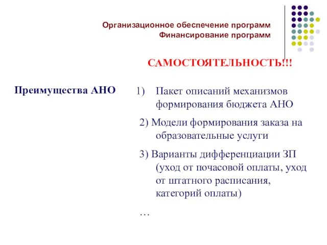 Преимущества АНО Пакет описаний механизмов формирования бюджета АНО 2) Модели формирования заказа