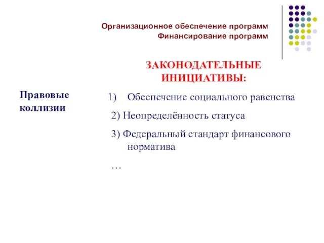 Правовые коллизии Обеспечение социального равенства 2) Неопределённость статуса 3) Федеральный стандарт финансового