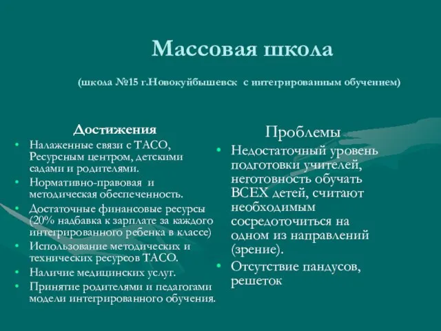 Массовая школа (школа №15 г.Новокуйбышевск с интегрированным обучением) Достижения Налаженные связи с