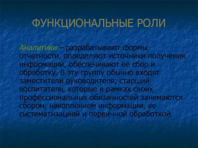 ФУНКЦИОНАЛЬНЫЕ РОЛИ Аналитики – разрабатывают формы отчетности, определяют источники получения информации, обеспечивают