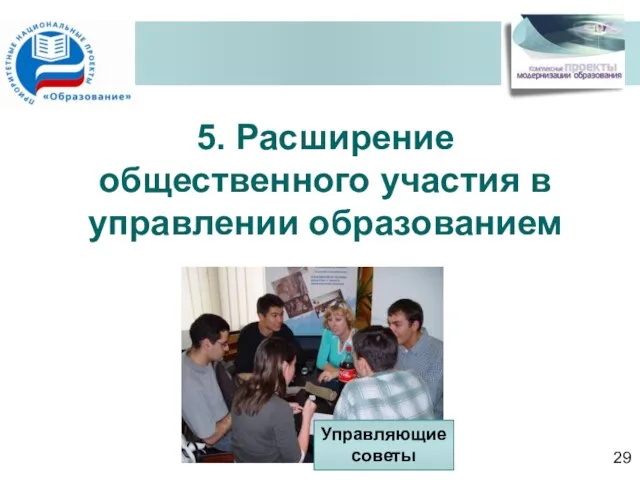 5. Расширение общественного участия в управлении образованием Управляющие советы 29