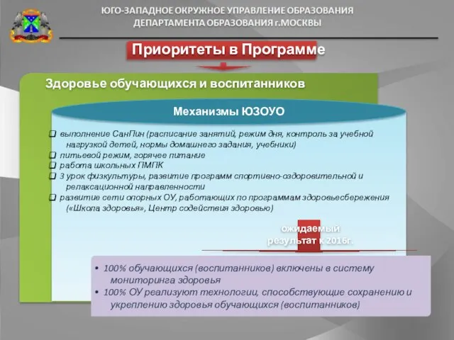 Здоровье обучающихся и воспитанников Приоритеты в Программе выполнение СанПин (расписание занятий, режим