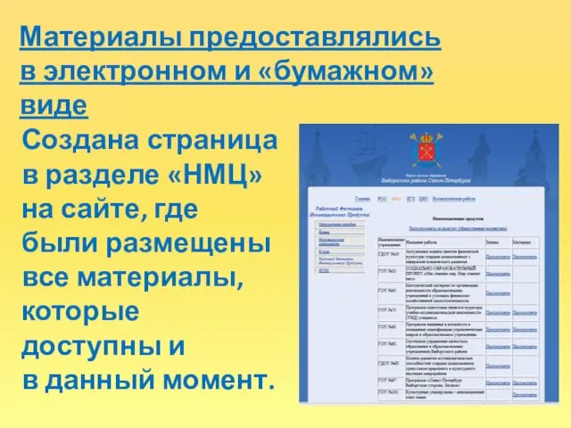 Материалы предоставлялись в электронном и «бумажном» виде Создана страница в разделе «НМЦ»