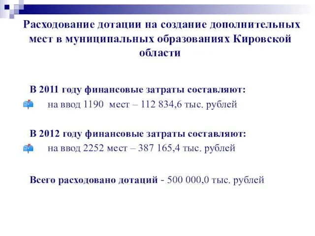 Расходование дотации на создание дополнительных мест в муниципальных образованиях Кировской области В