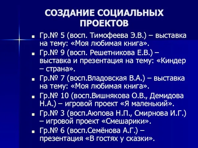 СОЗДАНИЕ СОЦИАЛЬНЫХ ПРОЕКТОВ Гр.№ 5 (восп. Тимофеева Э.В.) – выставка на тему: