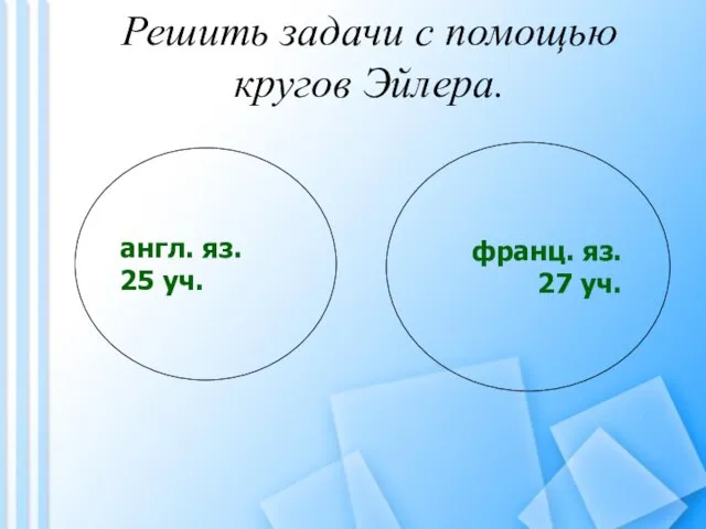 Решить задачи с помощью кругов Эйлера. англ. яз. 25 уч. франц. яз. 27 уч.