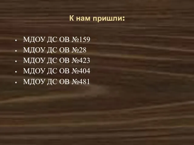 К нам пришли: МДОУ ДС ОВ №159 МДОУ ДС ОВ №28 МДОУ