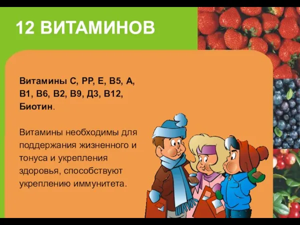 12 ВИТАМИНОВ Витамины С, РР, Е, В5, А, В1, В6, В2, В9,