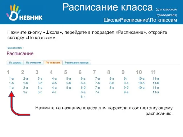 Расписание класса (для классного руководителя) Школа\Расписание\По классам Нажмите кнопку «Школа», перейдите в