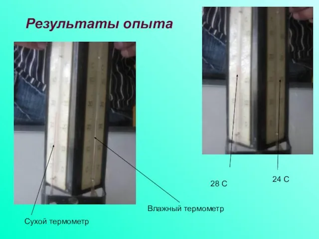 Результаты опыта Сухой термометр Влажный термометр 28 С 24 С