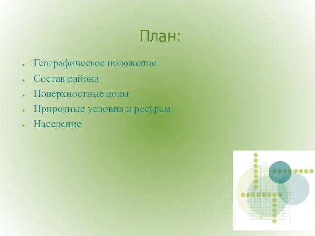 План: Географическое положение Состав района Поверхностные воды Природные условия и ресурсы Население