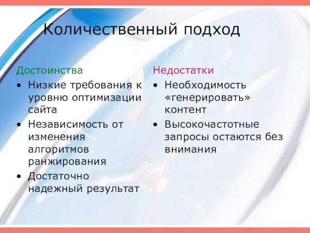 Количественный подход Достоинства Низкие требования к уровню оптимизации сайта Независимость от изменения