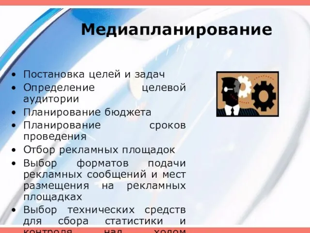 Медиапланирование Постановка целей и задач Определение целевой аудитории Планирование бюджета Планирование сроков