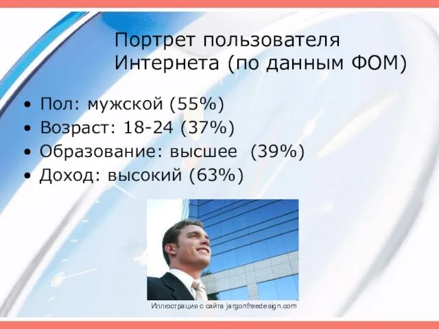 Портрет пользователя Интернета (по данным ФОМ) Пол: мужской (55%) Возраст: 18-24 (37%)