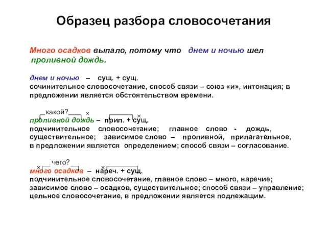 Образец разбора словосочетания Много осадков выпало, потому что днем и ночью шел