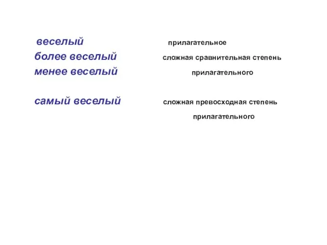 веселый прилагательное более веселый сложная сравнительная степень менее веселый прилагательного самый веселый сложная превосходная степень прилагательного