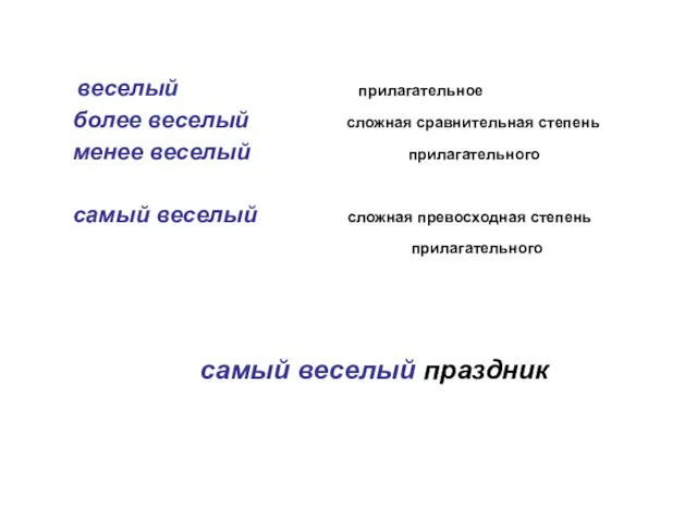 веселый прилагательное более веселый сложная сравнительная степень менее веселый прилагательного самый веселый