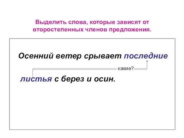 Выделить слова, которые зависят от второстепенных членов предложения. Осенний ветер срывает последние