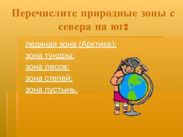 Перечислите природные зоны с севера на юг: ледяная зона (Арктика); зона тундры;