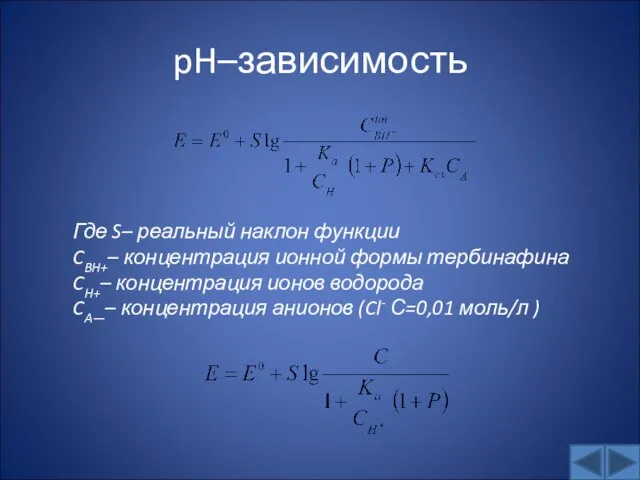 pH–зависимость Где S– реальный наклон функции CBH+– концентрация ионной формы тербинафина CH+–