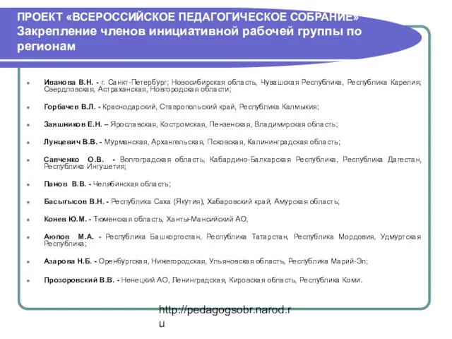 http://pedagogsobr.narod.ru ПРОЕКТ «ВСЕРОССИЙСКОЕ ПЕДАГОГИЧЕСКОЕ СОБРАНИЕ» Закрепление членов инициативной рабочей группы по регионам