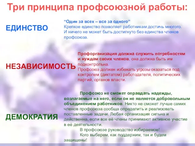 Три принципа профсоюзной работы: ЕДИНСТВО НЕЗАВИСИМОСТЬ ДЕМОКРАТИЯ “Один за всех – все