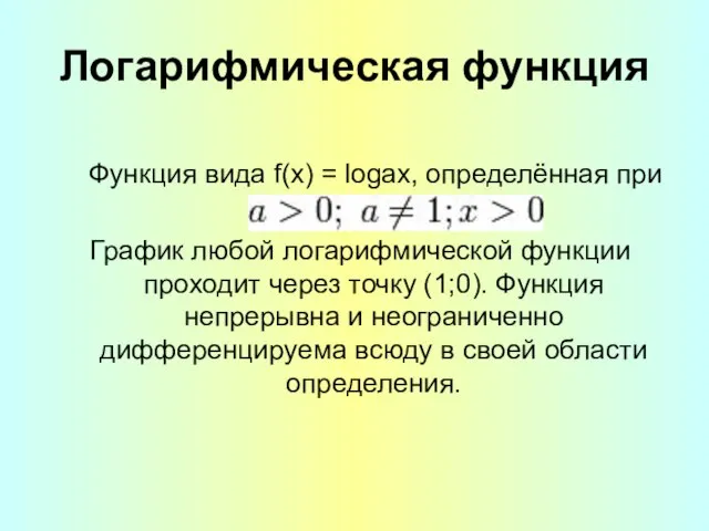 Логарифмическая функция Функция вида f(x) = logax, определённая при График любой логарифмической