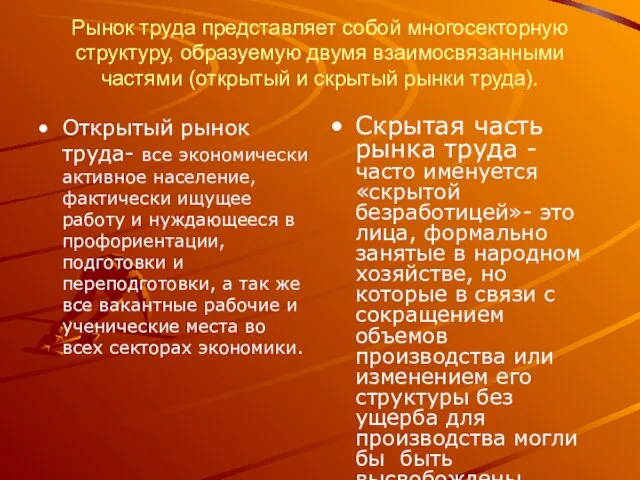 Рынок труда представляет собой многосекторную структуру, образуемую двумя взаимосвязанными частями (открытый и