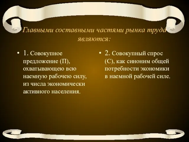 Главными составными частями рынка труда являются: 1. Совокупное предложение (П), охватывающею всю